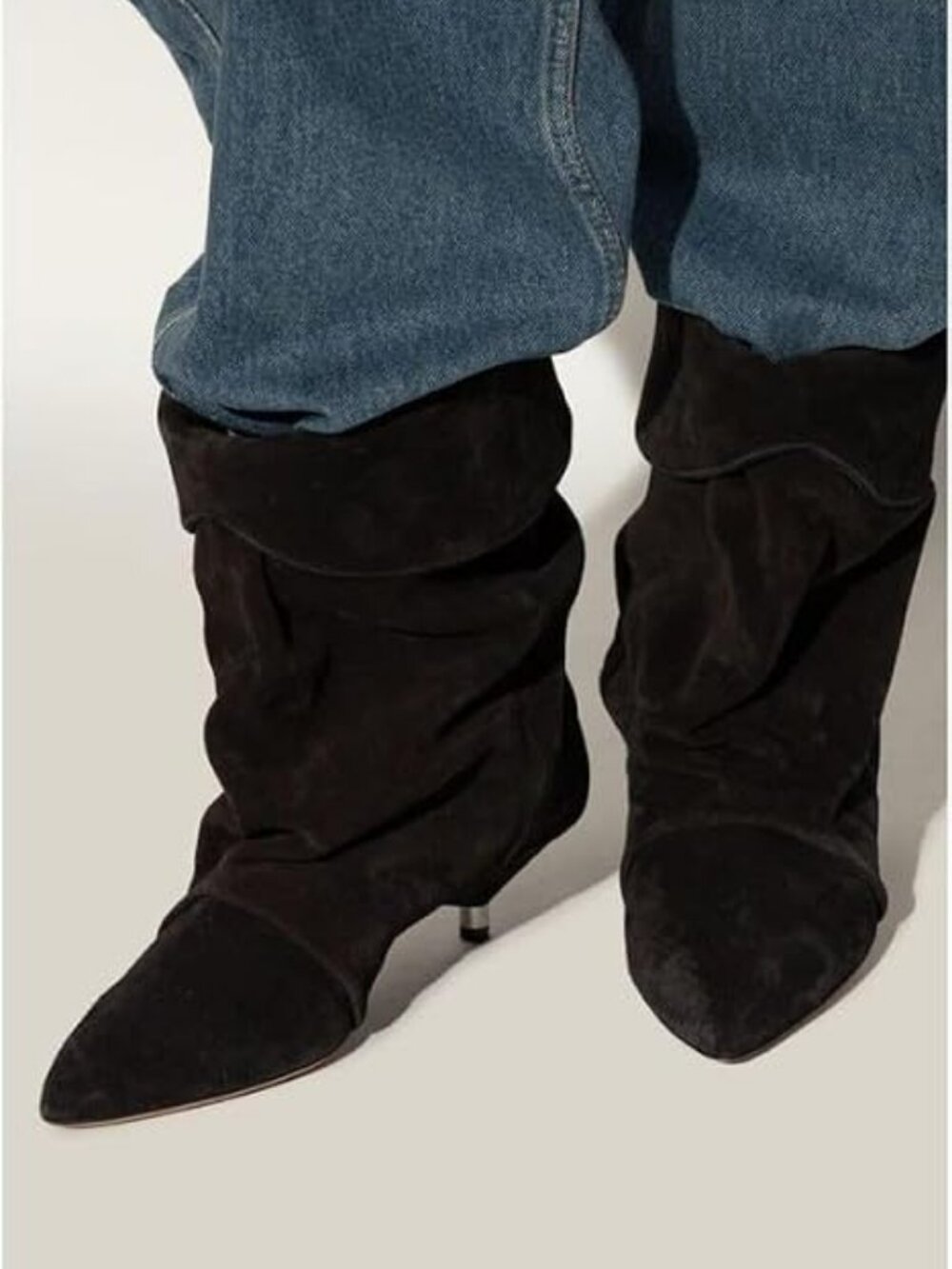 Women's Black Suede Pointed Toe Slouchy Fold Over Casual Kitten Heel Ankle Boots